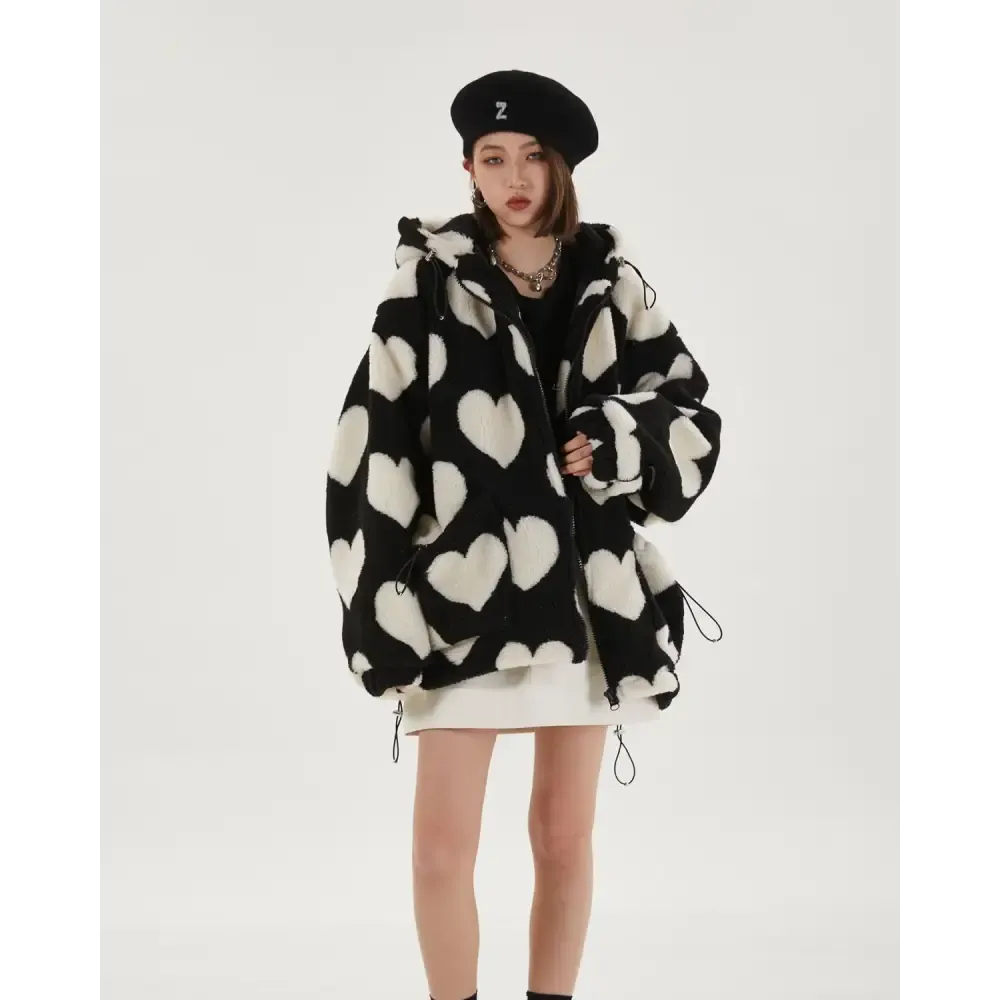 Black Hooded Jacket with Heart Pattern and Adjustable Drawstring Hood