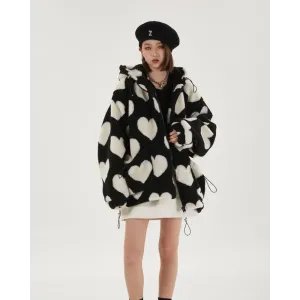 Black Hooded Jacket with Heart Pattern and Adjustable Drawstring Hood