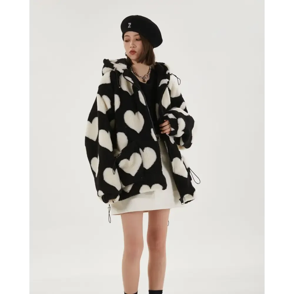 Black Hooded Jacket with Heart Pattern and Adjustable Drawstring Hood