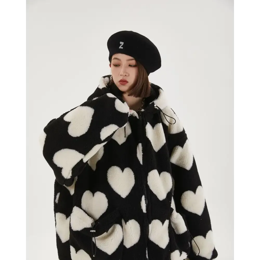 Black Hooded Jacket with Heart Pattern and Adjustable Drawstring Hood