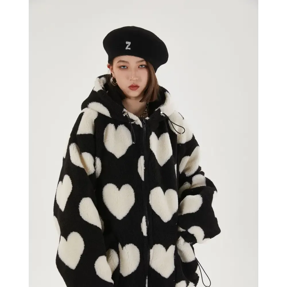 Black Hooded Jacket with Heart Pattern and Adjustable Drawstring Hood