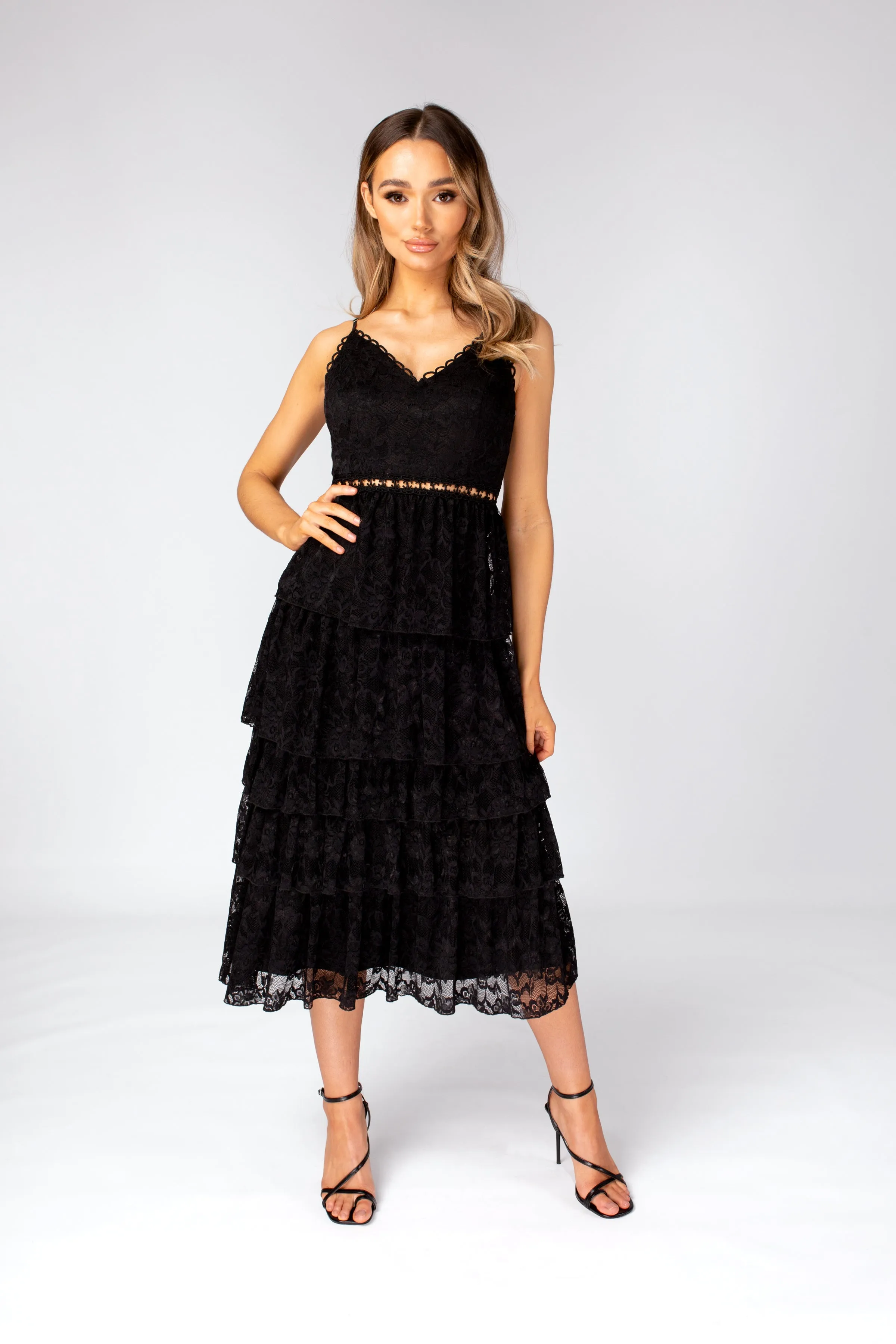 Black layered Lace Midi Dress with Details