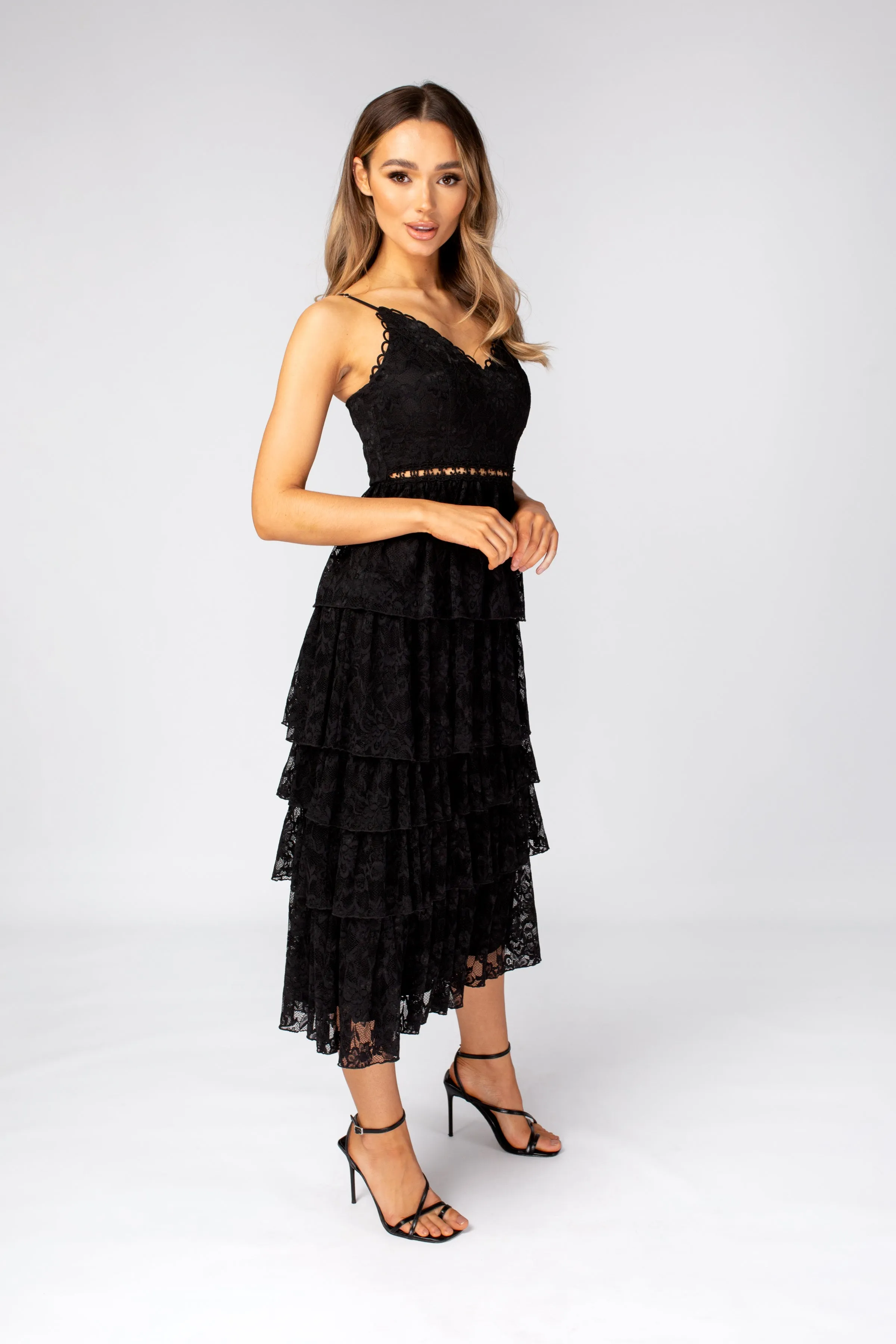 Black layered Lace Midi Dress with Details