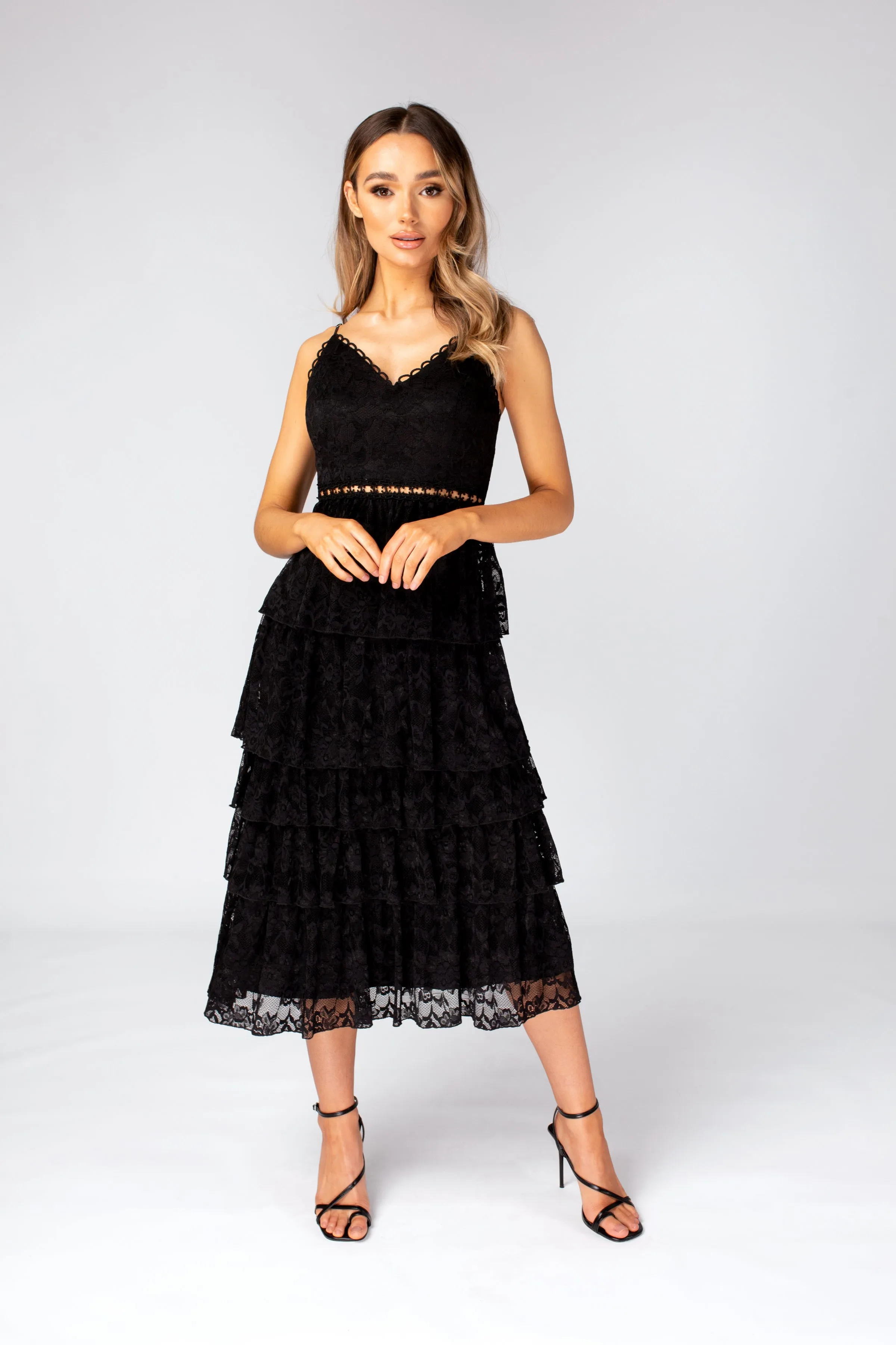Black layered Lace Midi Dress with Details