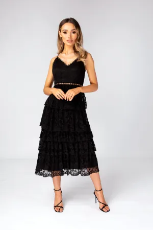 Black layered Lace Midi Dress with Details