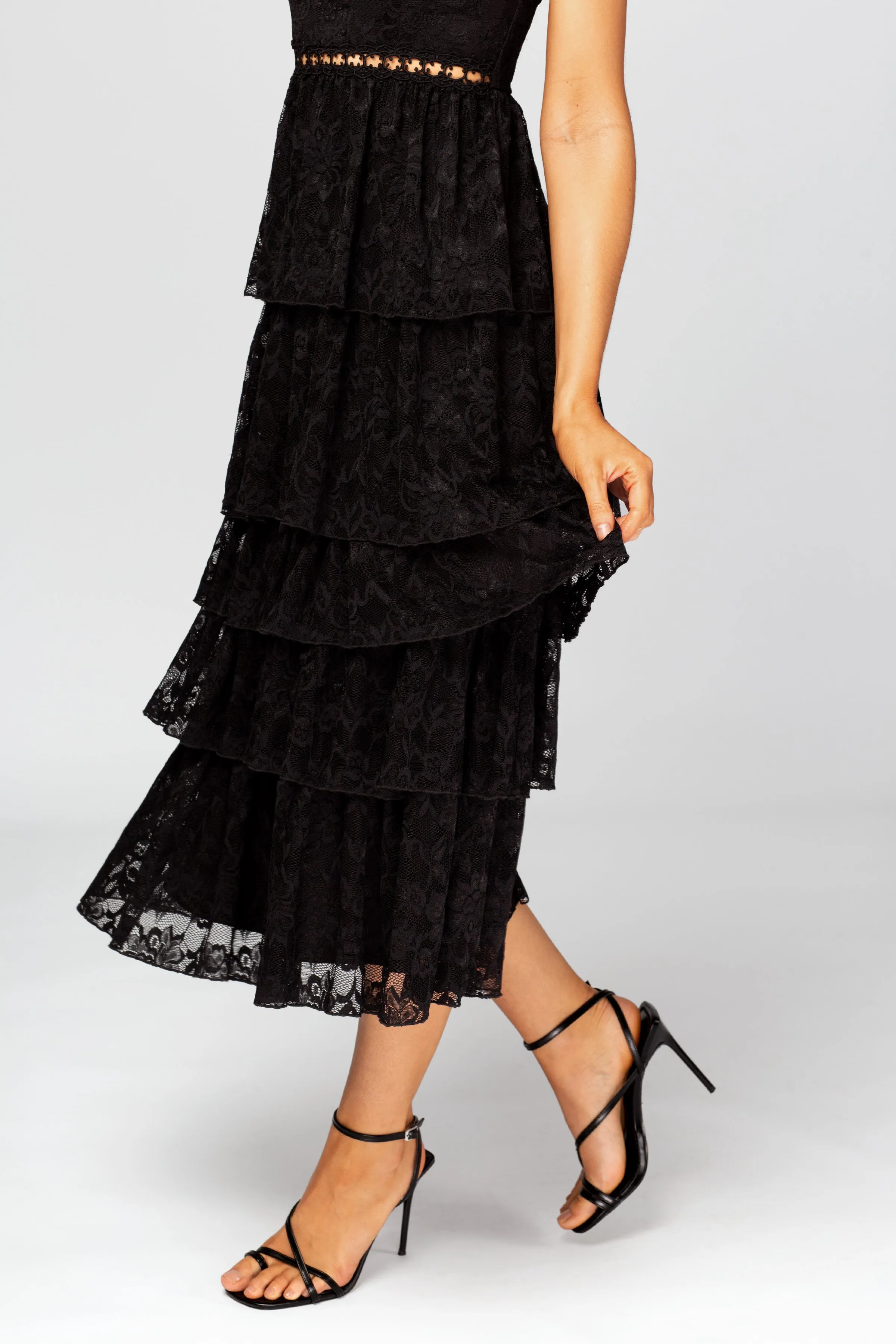 Black layered Lace Midi Dress with Details