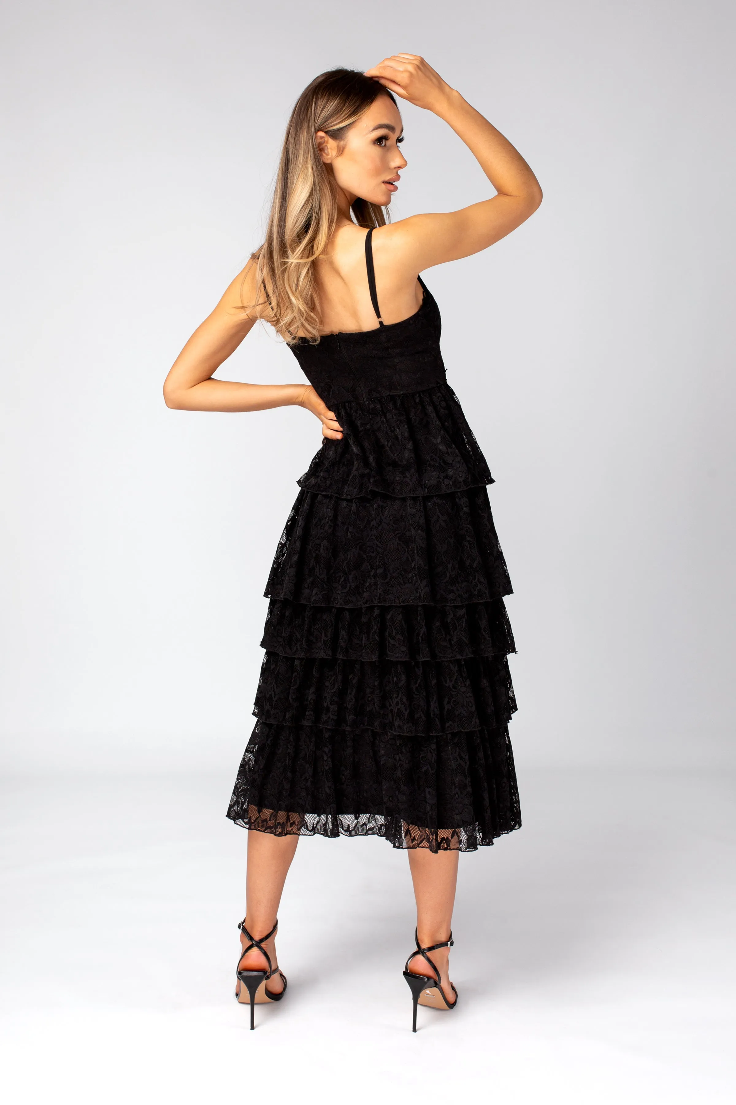 Black layered Lace Midi Dress with Details