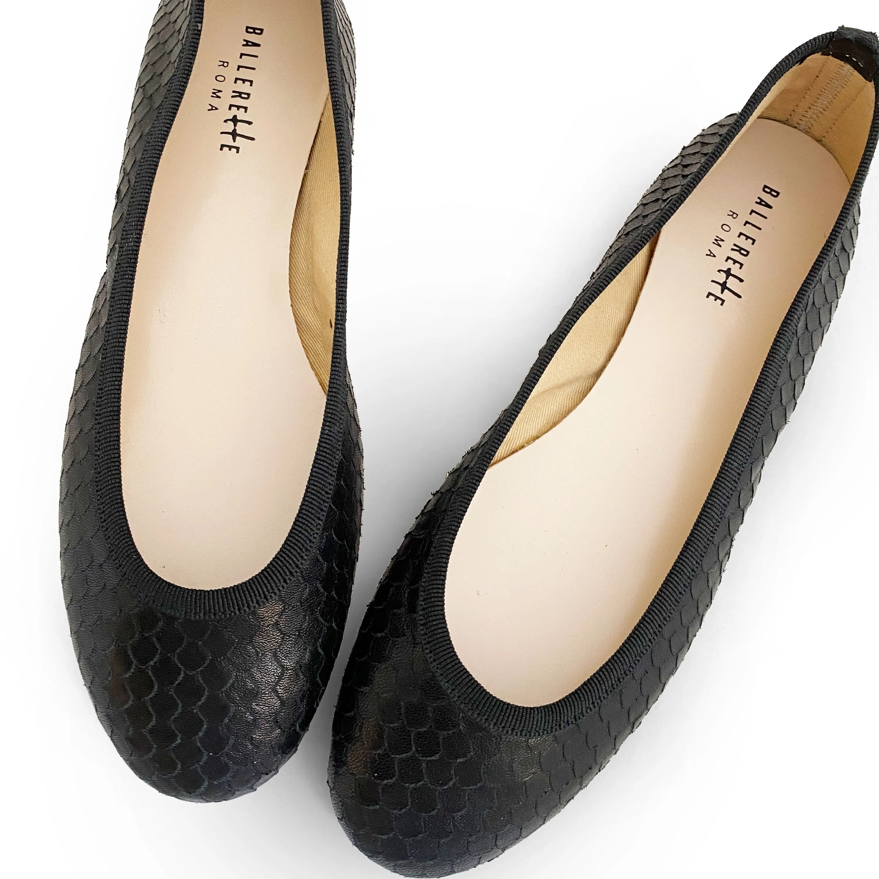 Black leather ballet flats cobra-skin effect