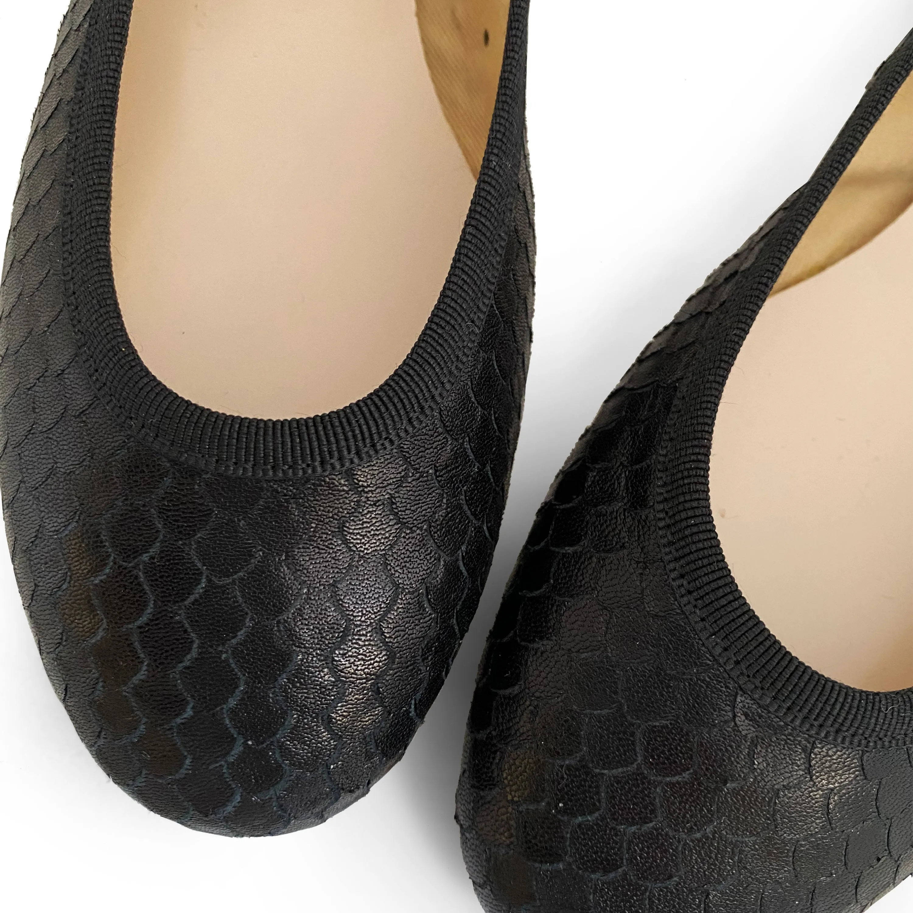 Black leather ballet flats cobra-skin effect