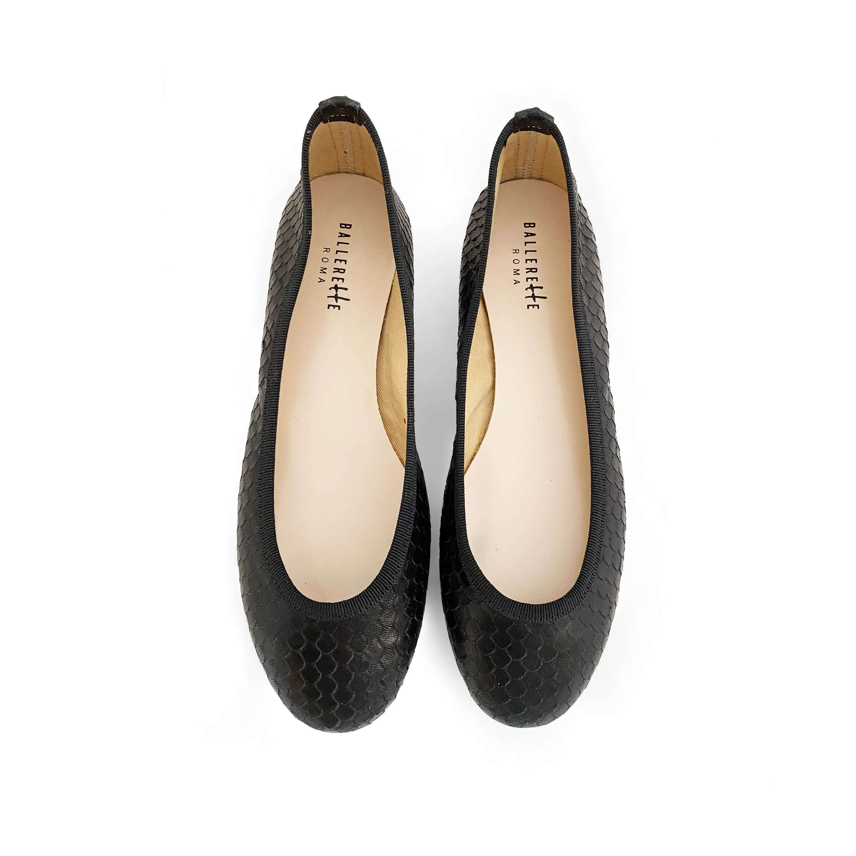 Black leather ballet flats cobra-skin effect
