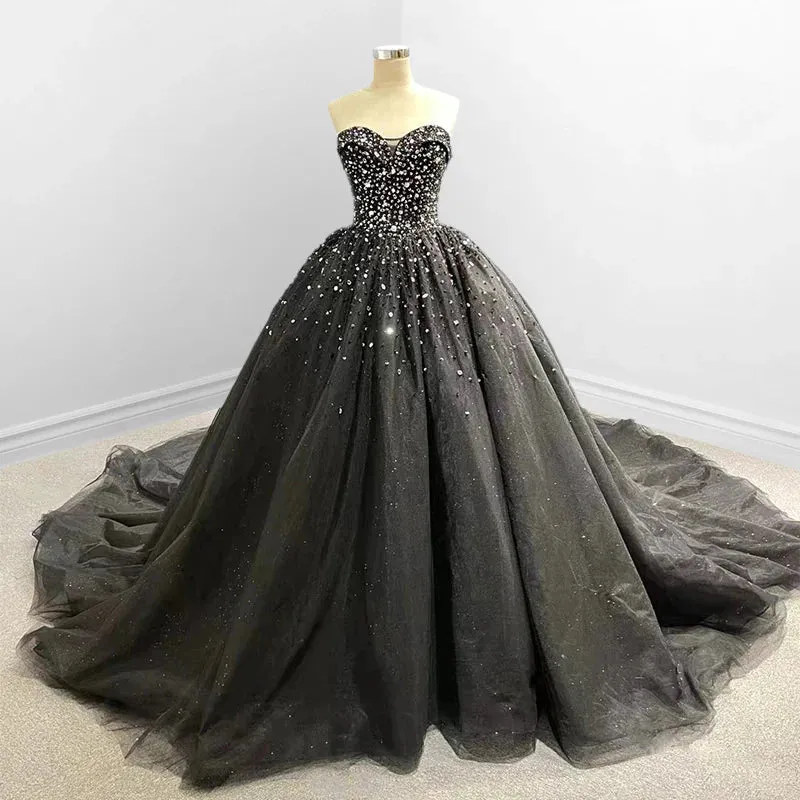 Black Strapless Dresses Sweetheart Tulle Quinceanera Dresses