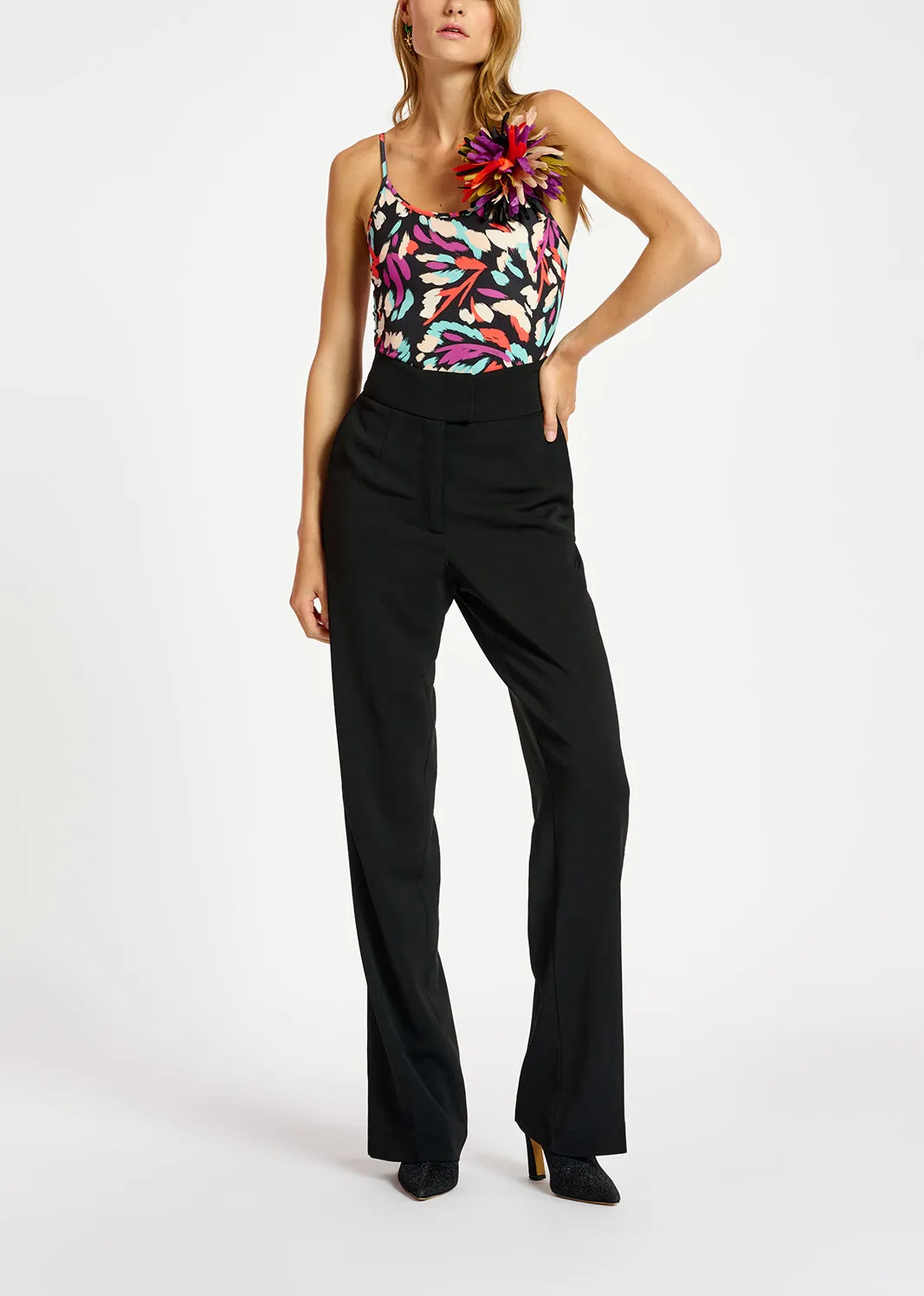 Black viscose-satin straight-leg pants