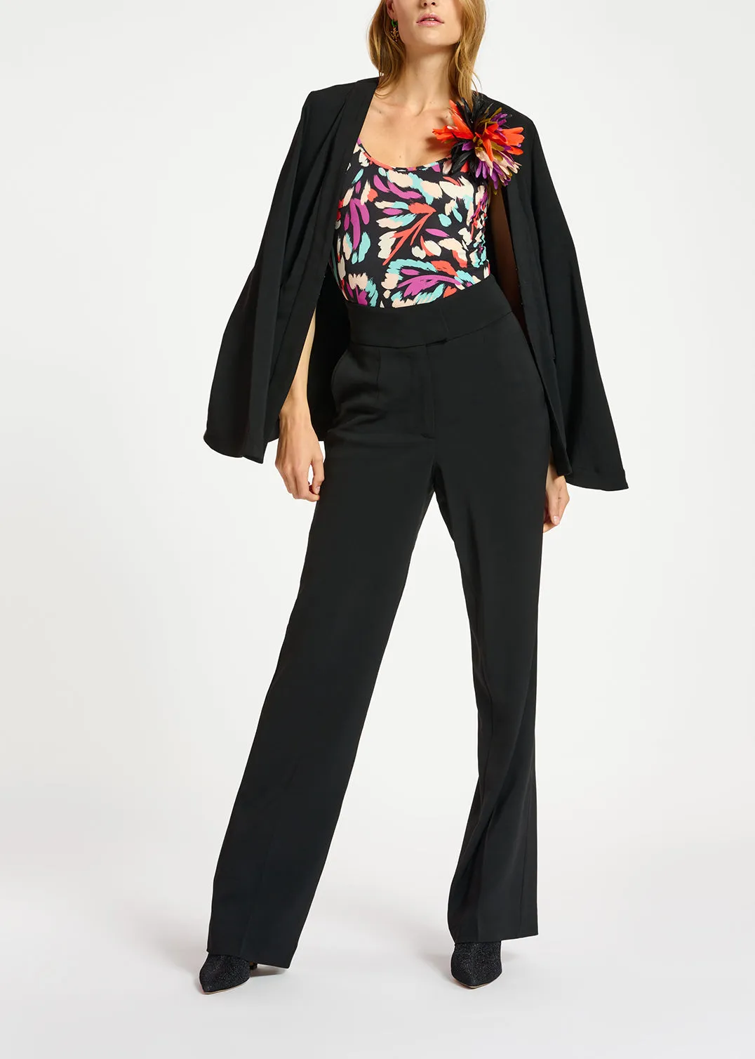 Black viscose-satin straight-leg pants
