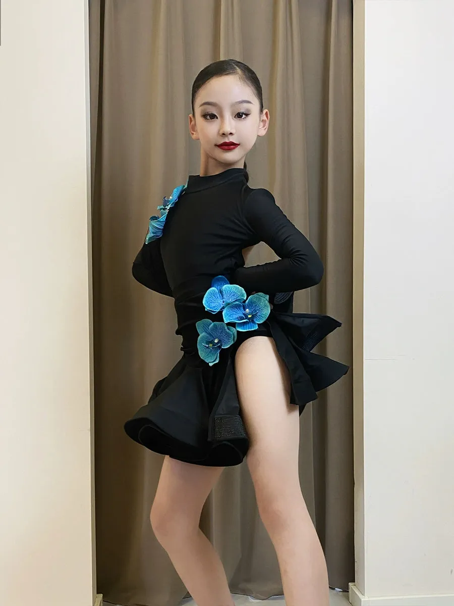 Black with Blue Orchid Flowers Latin Dance Dresses for Girls Latin Long Sleeves Slant Neck  Salsa Chacha Performance Costumes for Kids