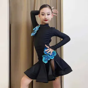 Black with Blue Orchid Flowers Latin Dance Dresses for Girls Latin Long Sleeves Slant Neck  Salsa Chacha Performance Costumes for Kids