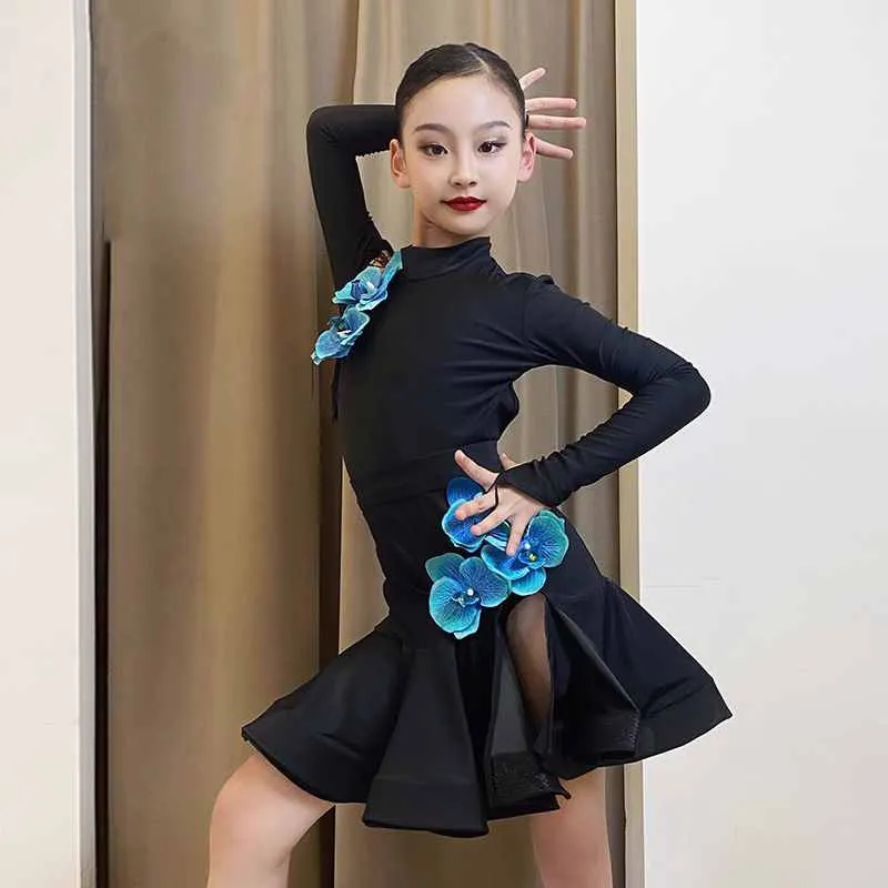 Black with Blue Orchid Flowers Latin Dance Dresses for Girls Latin Long Sleeves Slant Neck  Salsa Chacha Performance Costumes for Kids