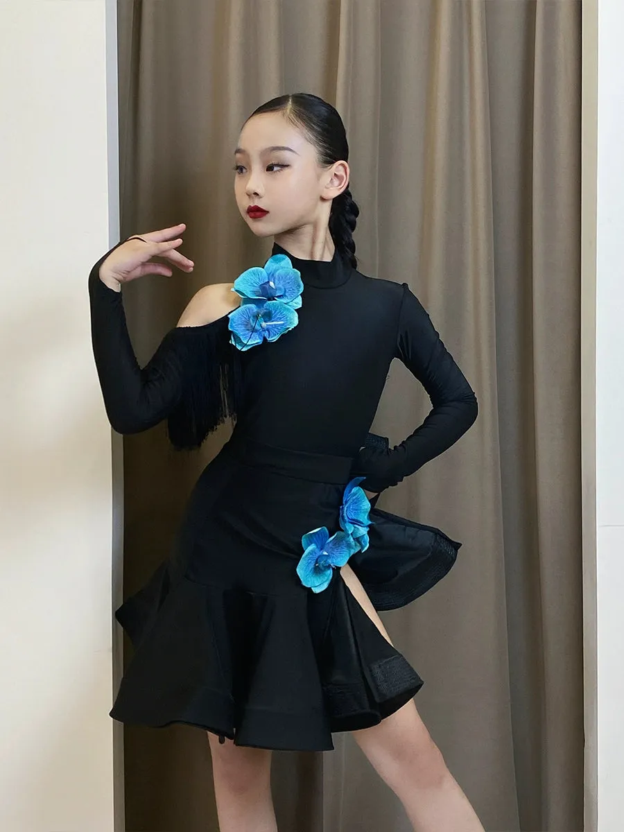 Black with Blue Orchid Flowers Latin Dance Dresses for Girls Latin Long Sleeves Slant Neck  Salsa Chacha Performance Costumes for Kids