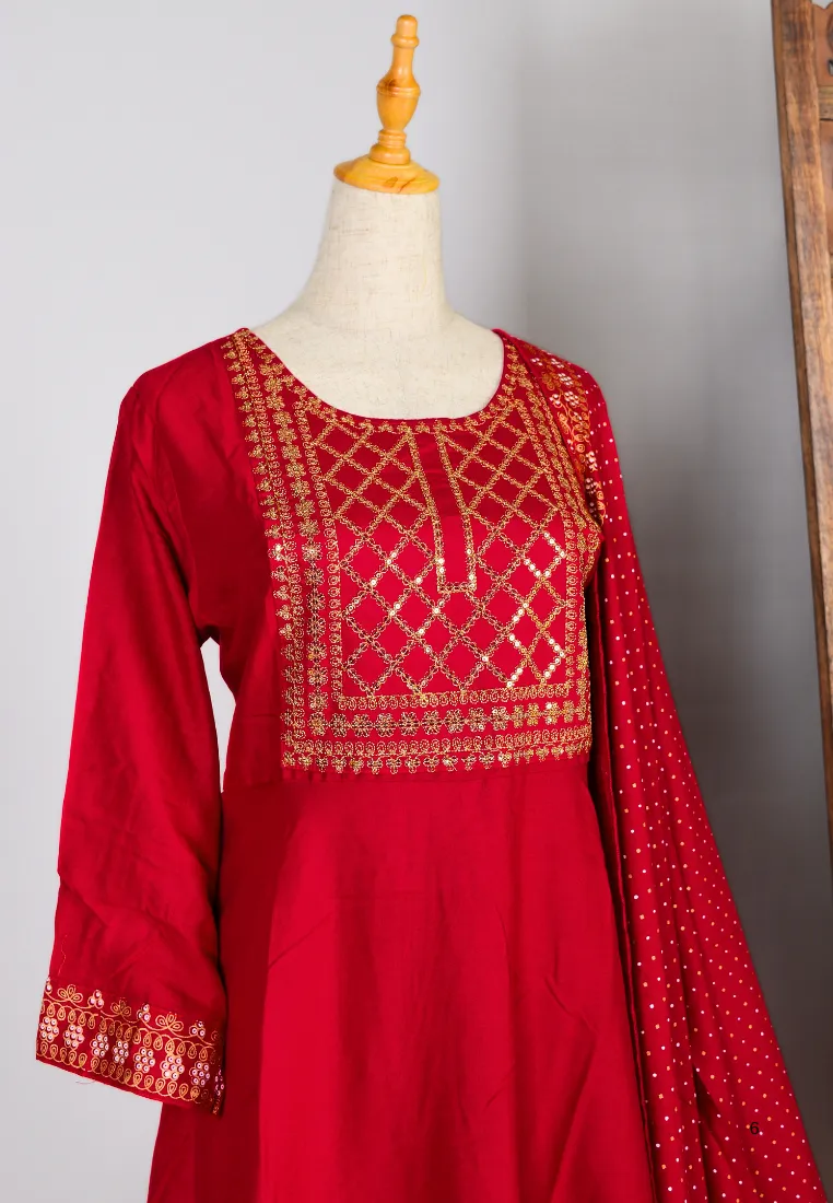 Blood-Red Sequin-Embroidery Cotton-Blend Straight-Cut Kurti-Top , Pants & Dupatta Set