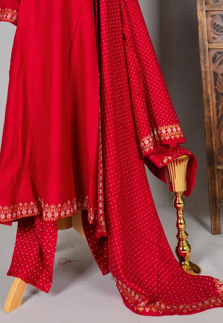 Blood-Red Sequin-Embroidery Cotton-Blend Straight-Cut Kurti-Top , Pants & Dupatta Set