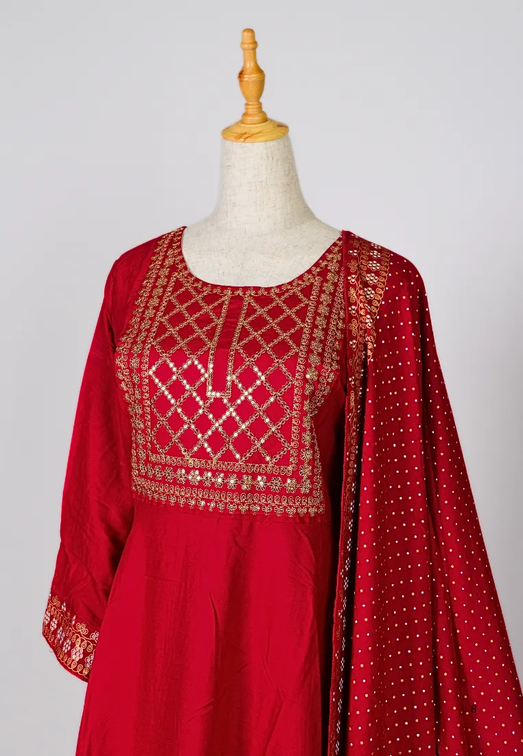 Blood-Red Sequin-Embroidery Cotton-Blend Straight-Cut Kurti-Top , Pants & Dupatta Set