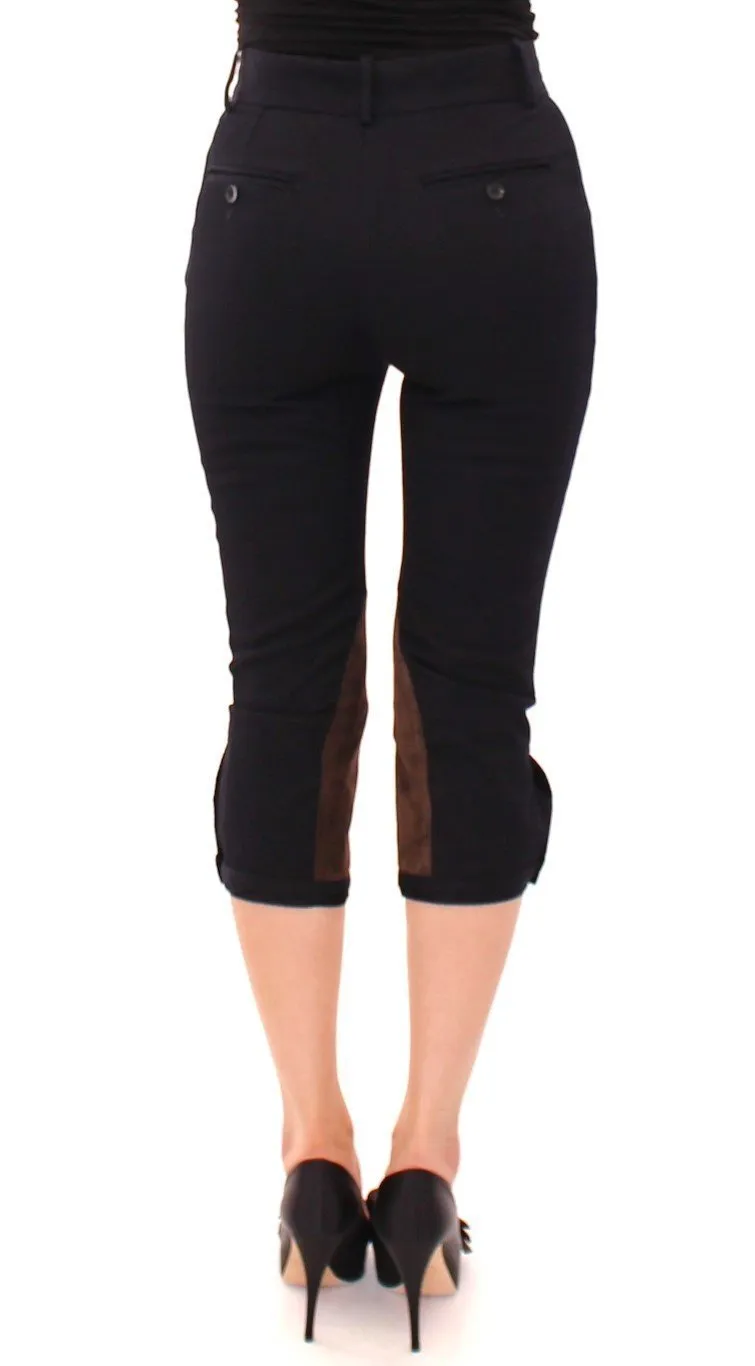 Blue Cotton Calfskin Straight Logo Capri Pants