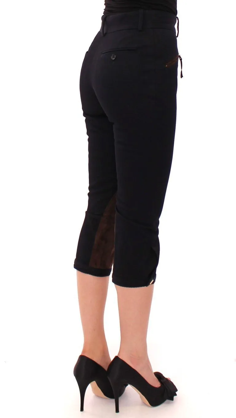 Blue Cotton Calfskin Straight Logo Capri Pants
