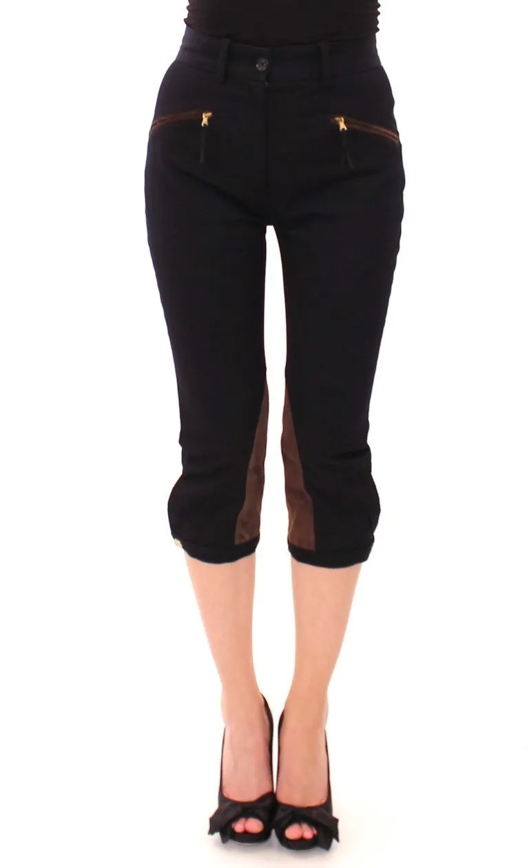 Blue Cotton Calfskin Straight Logo Capri Pants