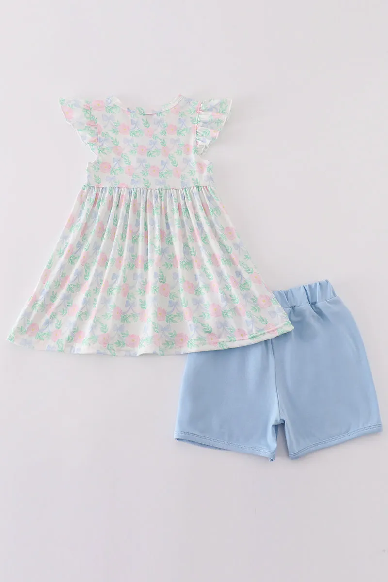 Blue Floral Bow Print Girl Set