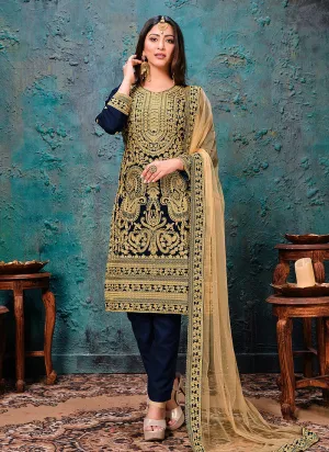 Blue Golden Embroidered Pant Style Suit