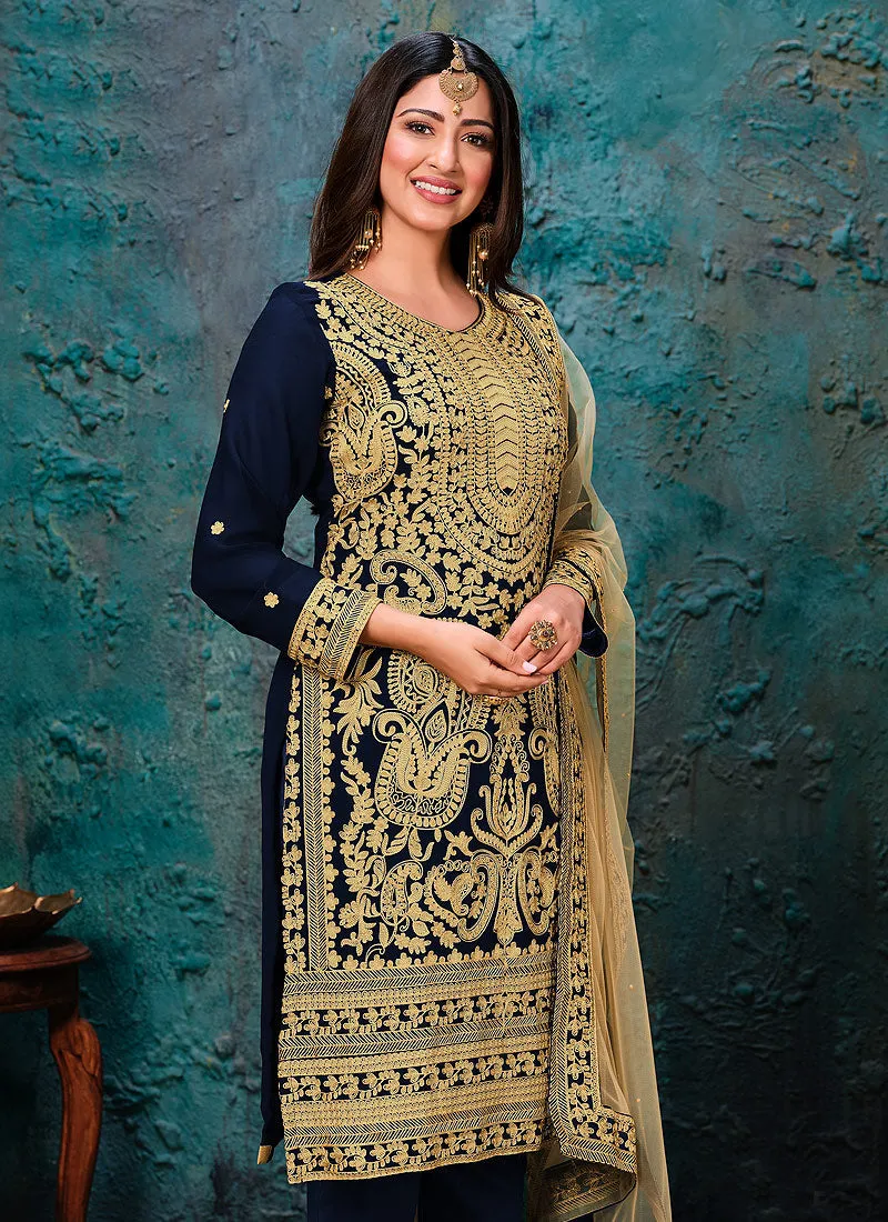 Blue Golden Embroidered Pant Style Suit