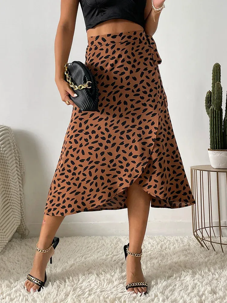 Boho Women Casual Print Tie Side Wrap Skirt Elegant High Waist Female Summer Asymmetrical Knee Length A-Line Skirts