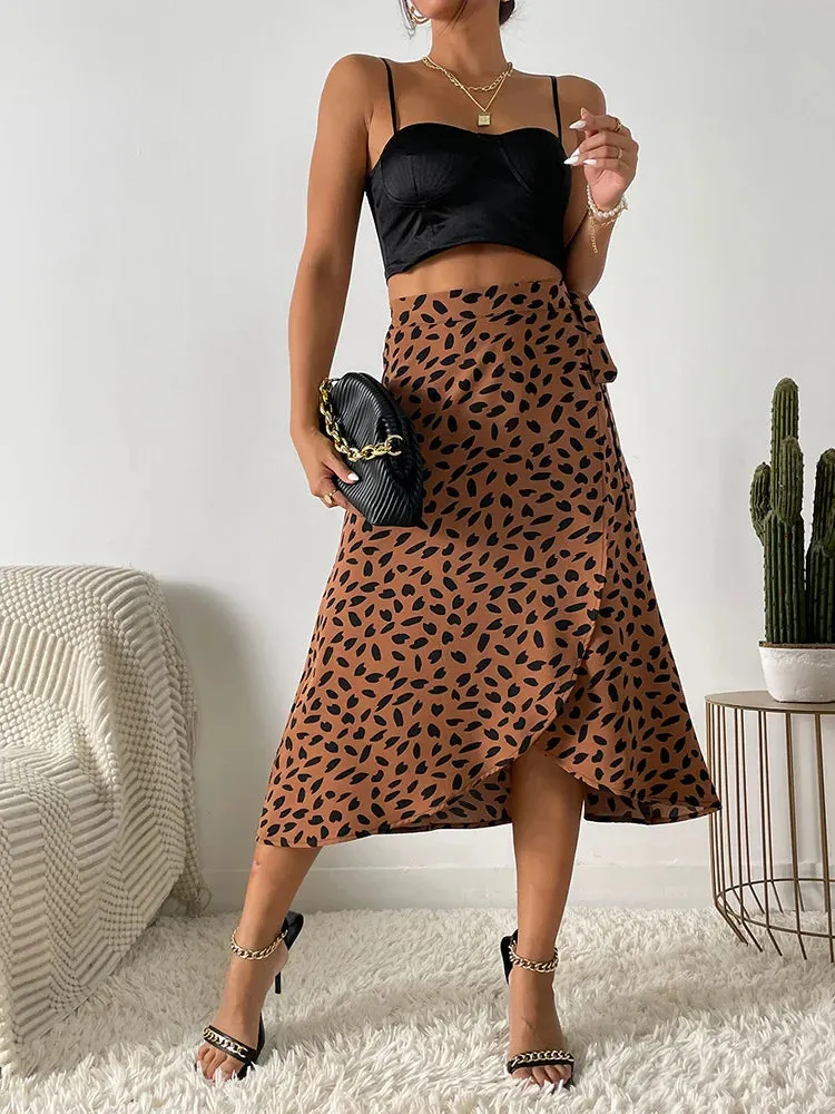 Boho Women Casual Print Tie Side Wrap Skirt Elegant High Waist Female Summer Asymmetrical Knee Length A-Line Skirts