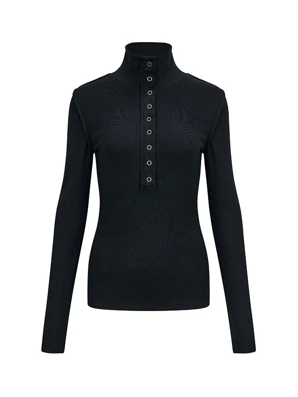Bottle-Neck Ring-Button Simple Monotone Knit