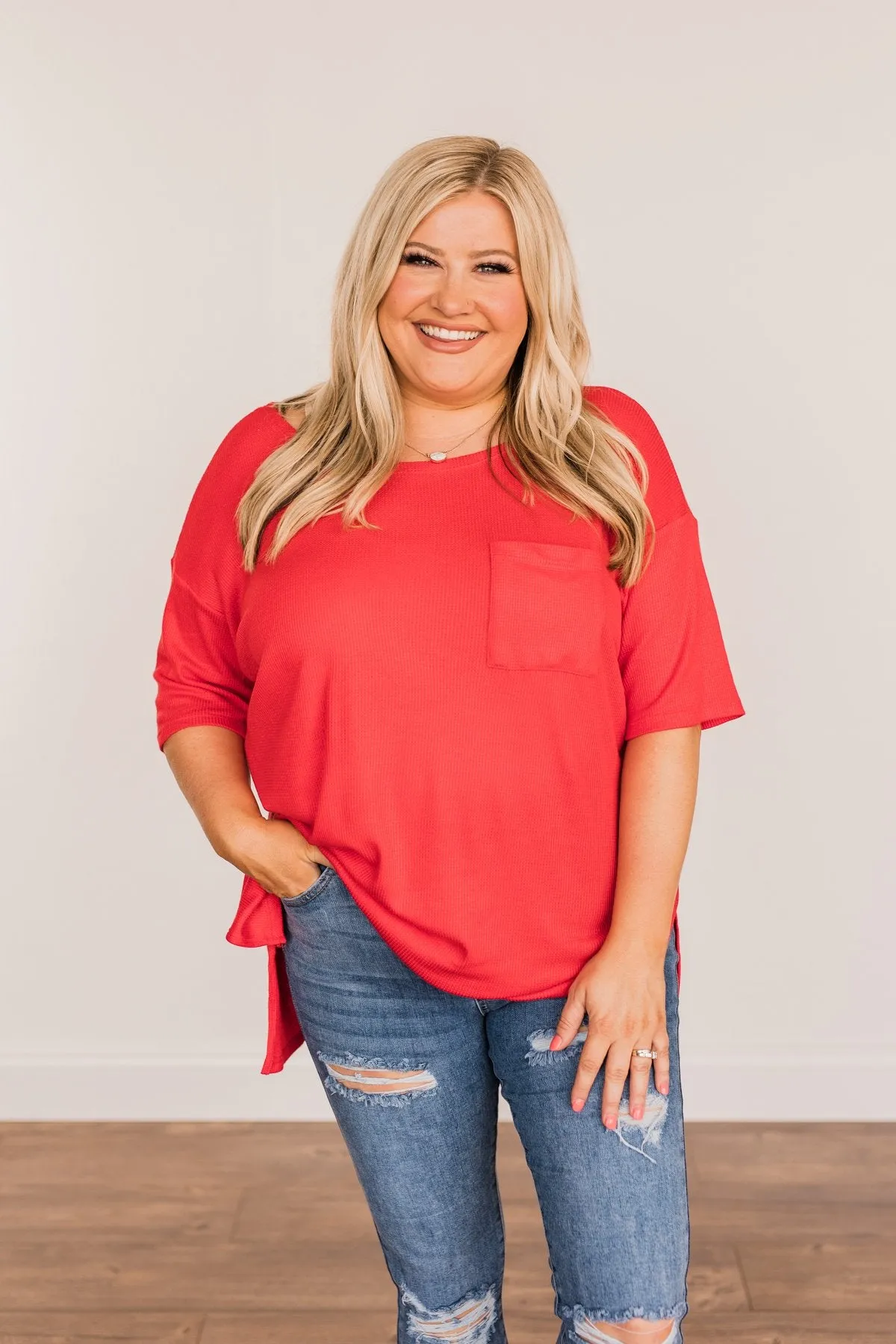 Brilliant Smiles Thermal Knit Pocket Top- Red