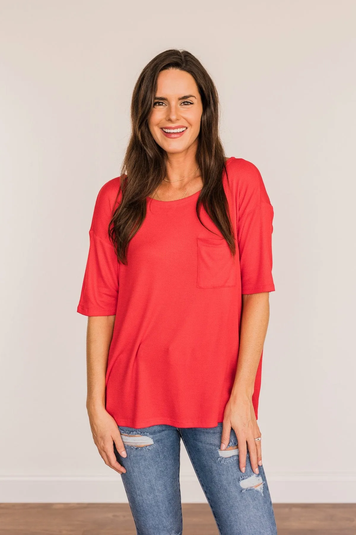 Brilliant Smiles Thermal Knit Pocket Top- Red