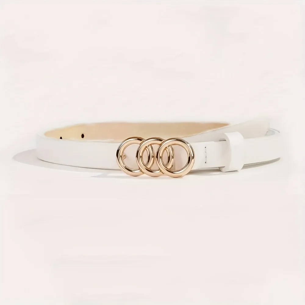 Brown Triple Ring Buckle Belt Thin Waistband for Jeans & Casual