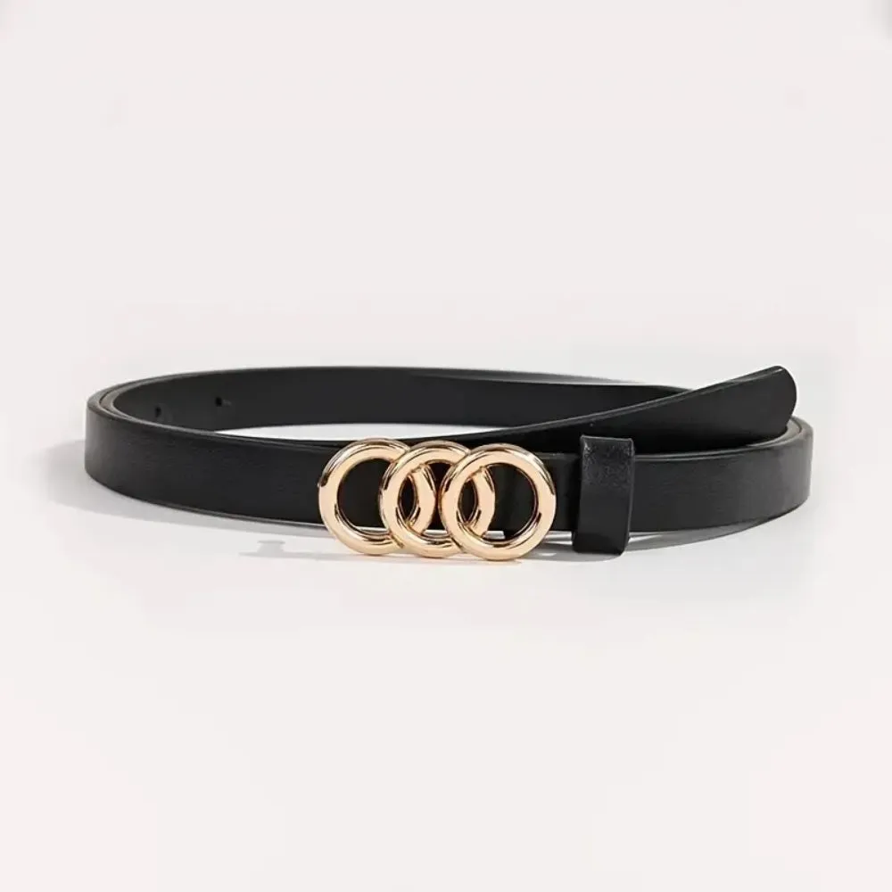 Brown Triple Ring Buckle Belt Thin Waistband for Jeans & Casual