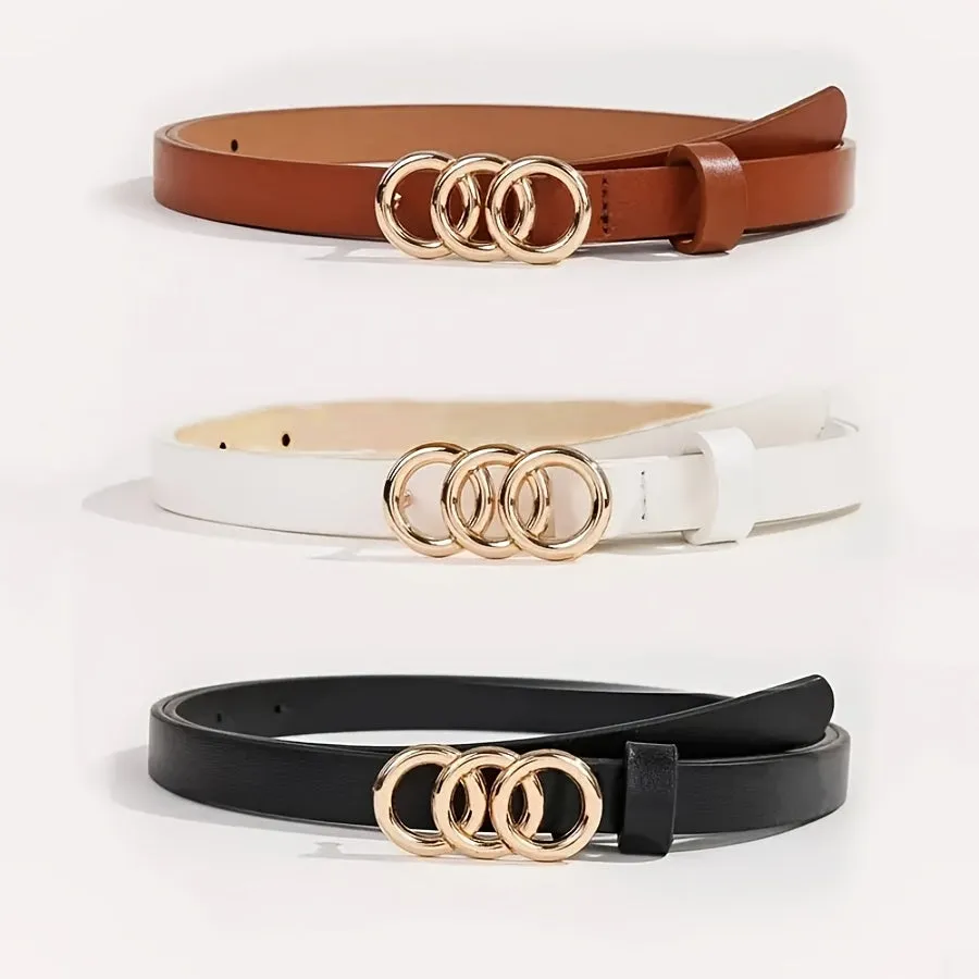 Brown Triple Ring Buckle Belt Thin Waistband for Jeans & Casual