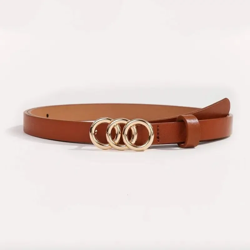 Brown Triple Ring Buckle Belt Thin Waistband for Jeans & Casual