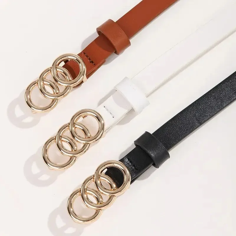 Brown Triple Ring Buckle Belt Thin Waistband for Jeans & Casual
