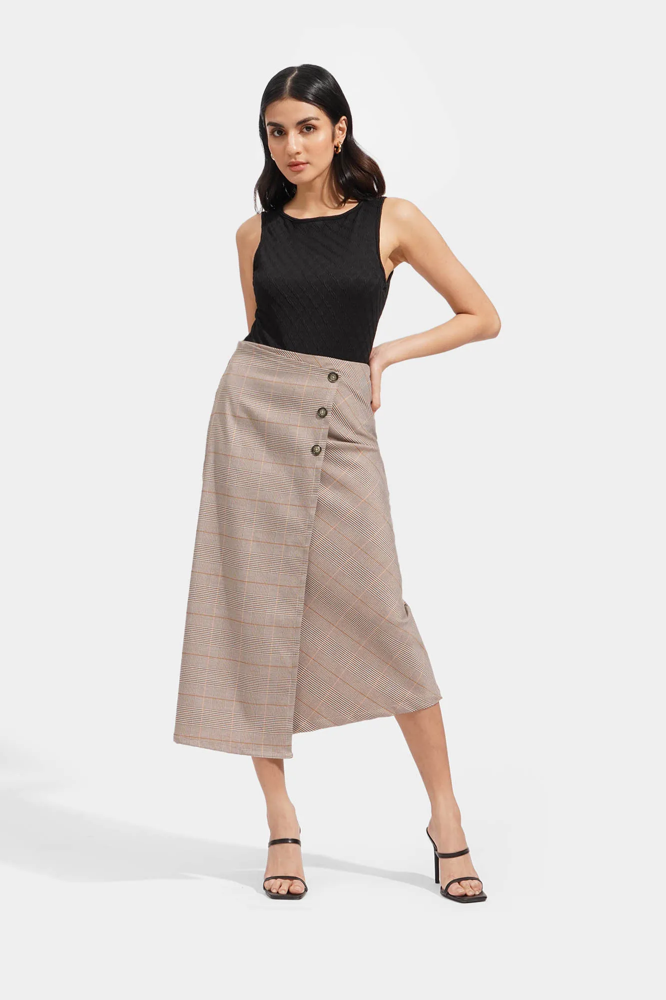 Checkered Wrap Front Midi Skirt
