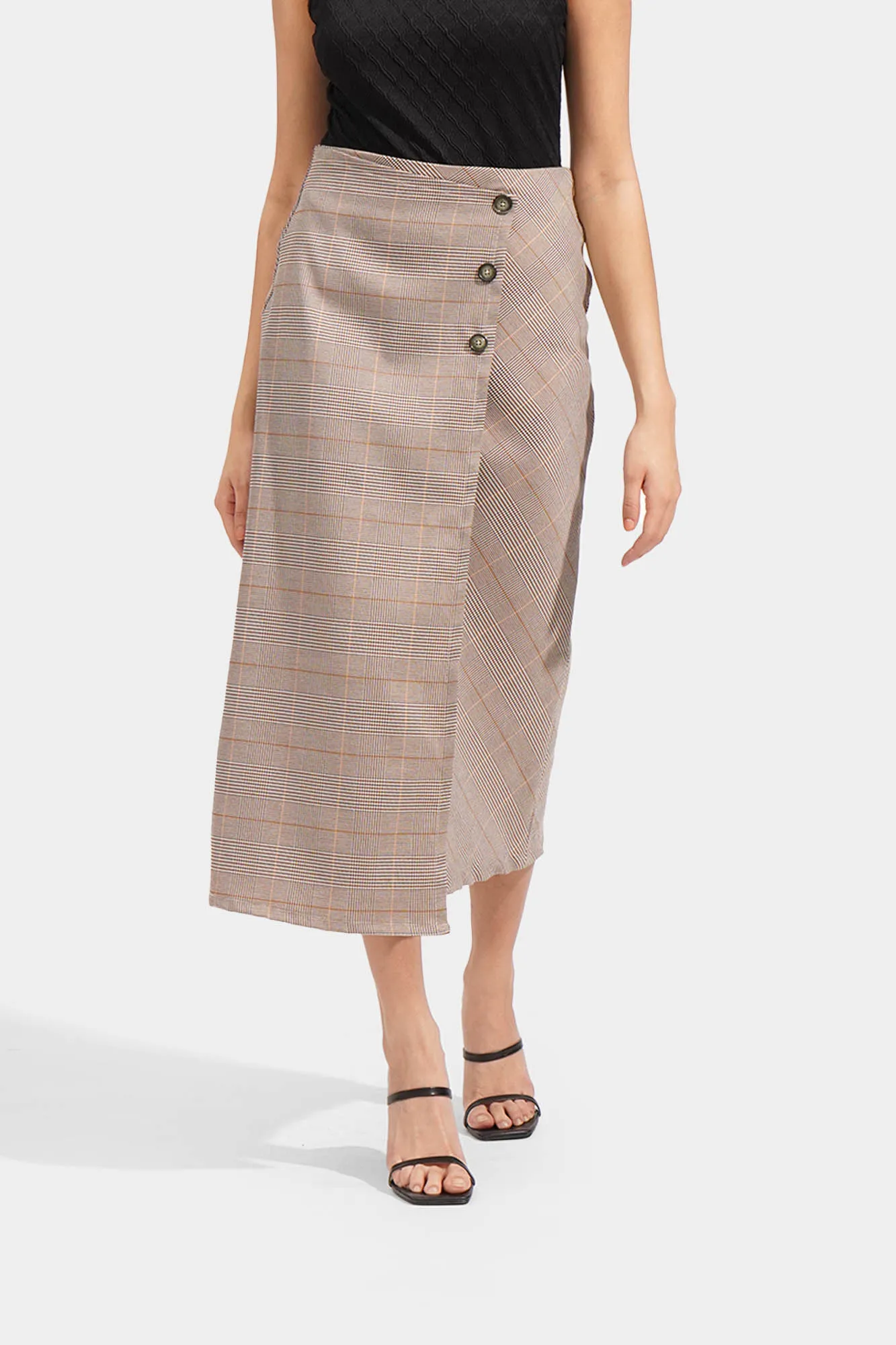 Checkered Wrap Front Midi Skirt