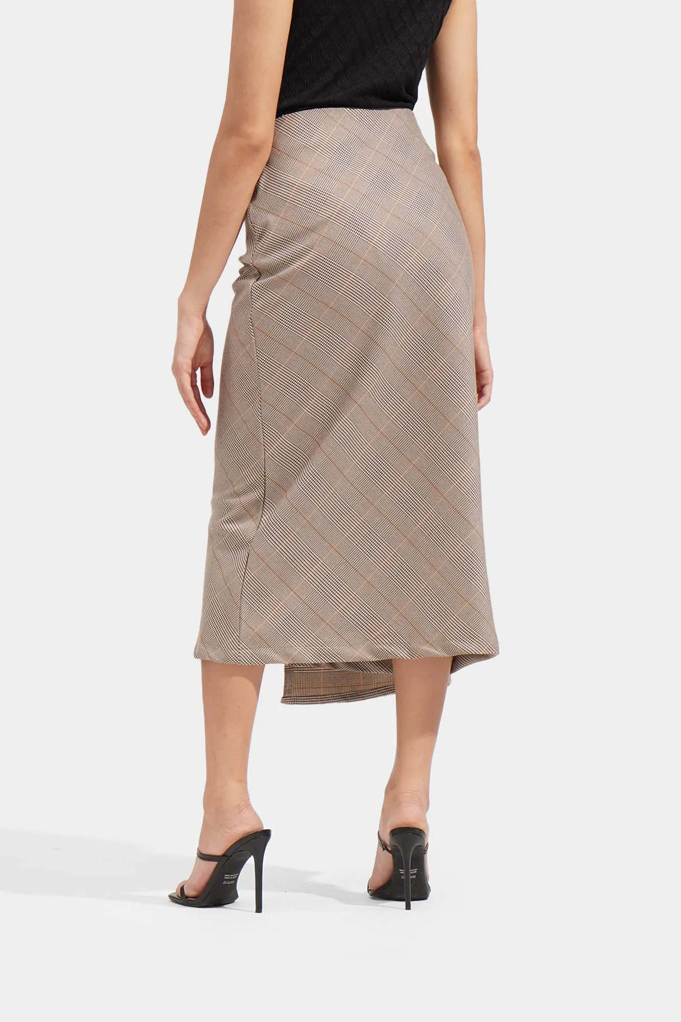 Checkered Wrap Front Midi Skirt