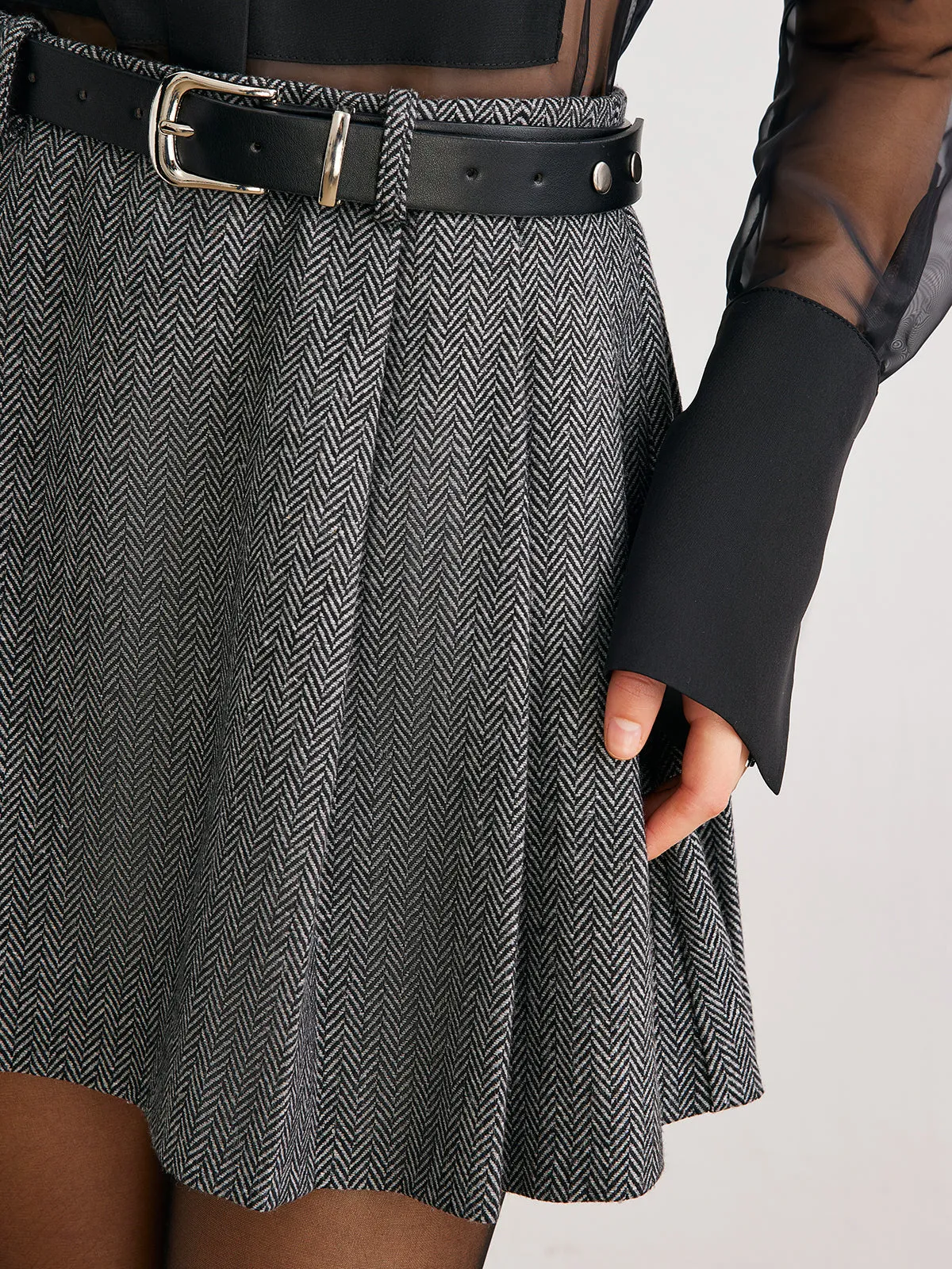 Chevron Belted Tweed Skirt