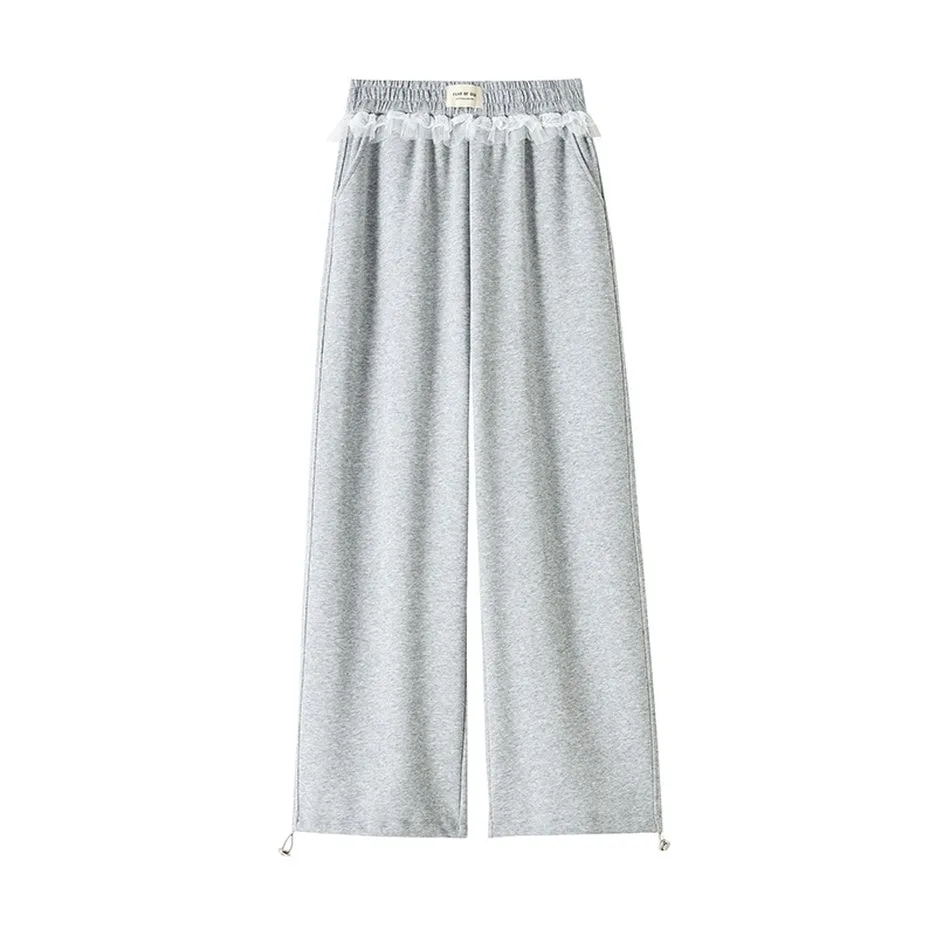 Chic Women's Straight Leg Pants with Drawstring Cuffs and Lace Trim