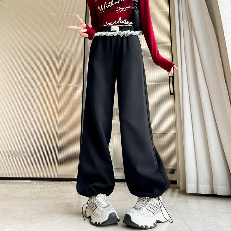 Chic Women's Straight Leg Pants with Drawstring Cuffs and Lace Trim