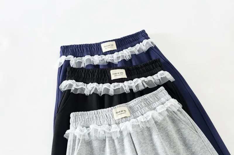 Chic Women's Straight Leg Pants with Drawstring Cuffs and Lace Trim
