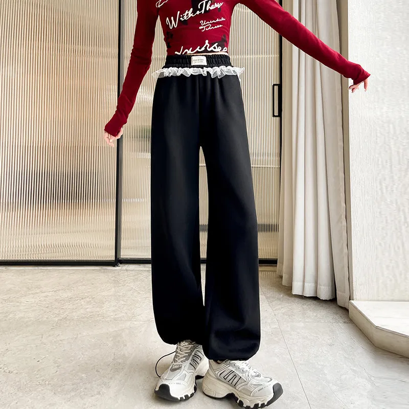 Chic Women's Straight Leg Pants with Drawstring Cuffs and Lace Trim