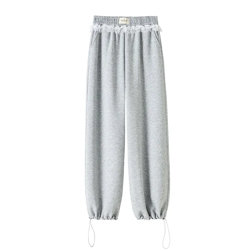 Chic Women's Straight Leg Pants with Drawstring Cuffs and Lace Trim