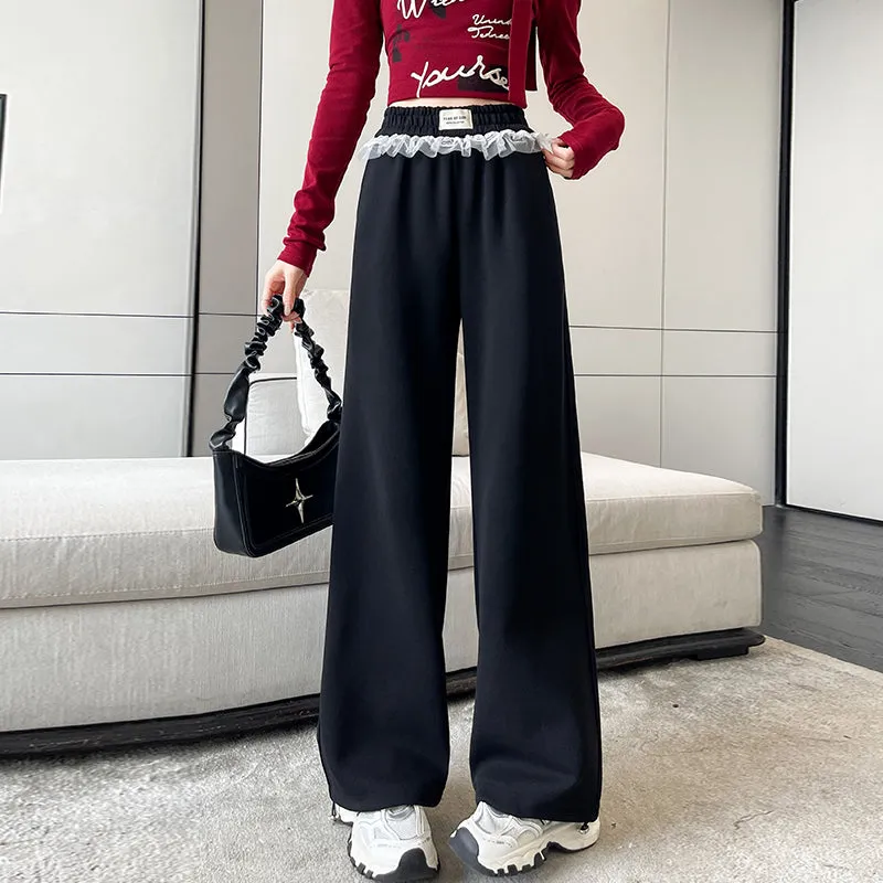 Chic Women's Straight Leg Pants with Drawstring Cuffs and Lace Trim